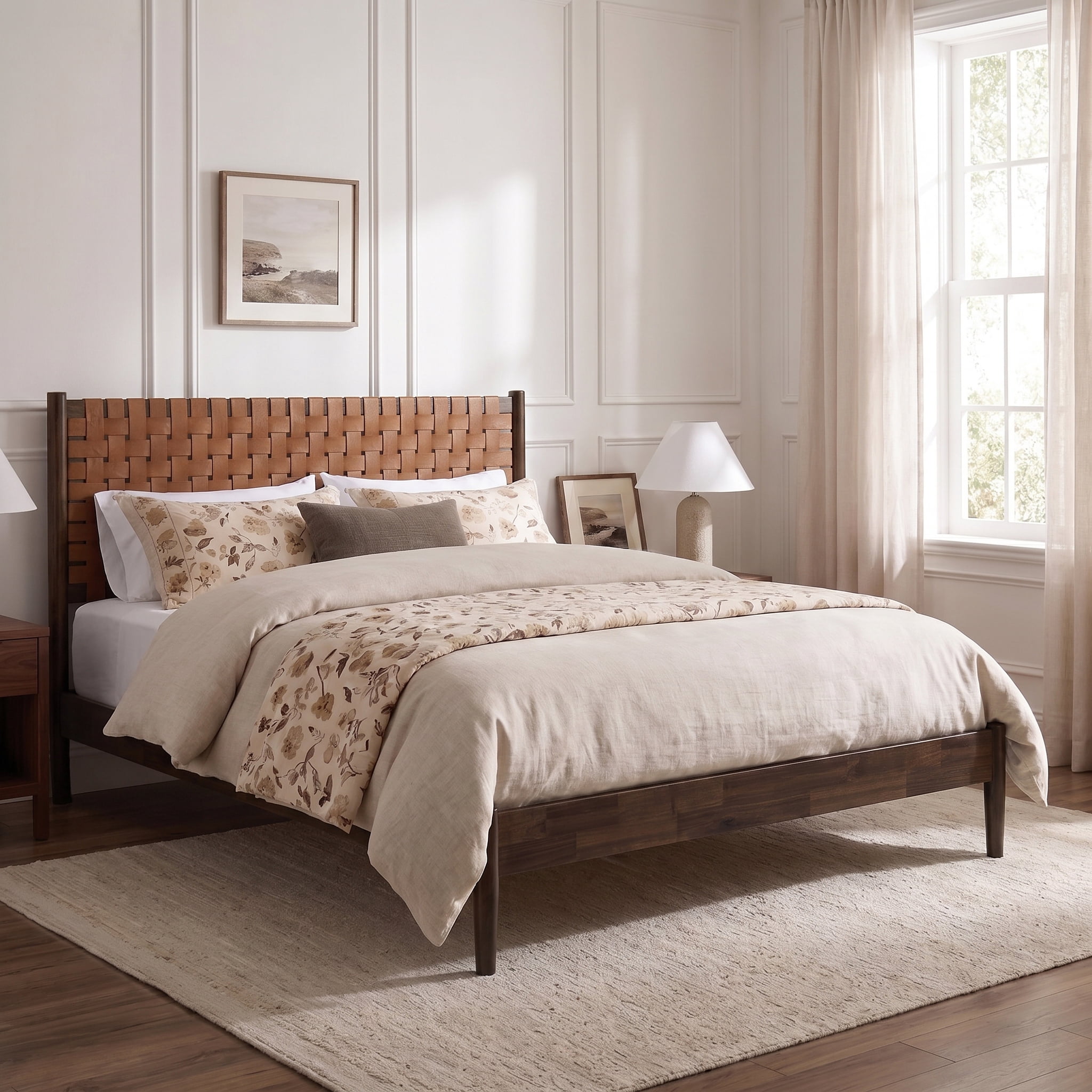 Euroco Solid Acacia Wood Queen Size Platform Bed, Mid-Century Modern Style Bed with Hand-Woven Vegan Leather Headboard, No Box Spring Needed, Dark Brown