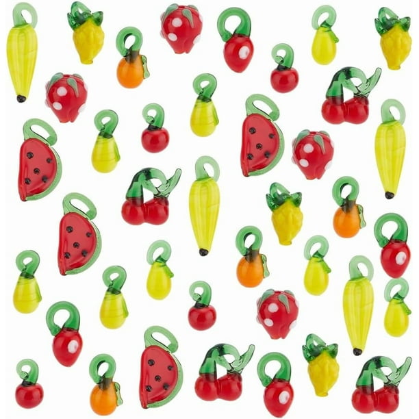 50 piezas de cuentas de vidrio soplado con forma de frutas en 10 estilos diferentes: dijes de fresa en 3D, colgantes de vidrio con forma de cereza y sandía.