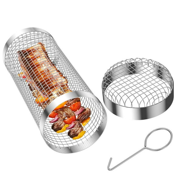 MesaSe Rotisserie Basket Stainless Steel Grilled Cage Barbecue Rolling Grill Basket Non-Stick Washable Outdoor BBQ Grill Baskets for Outdoor Camping Picnic