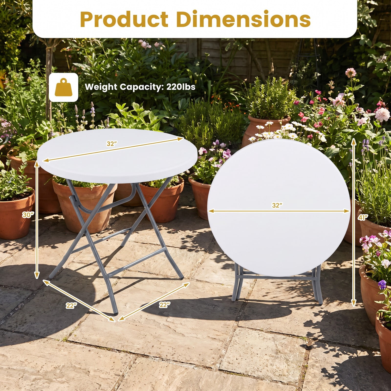 Furnibear 32 Inch Round Folding Table with Thick HDPE Tabletop and Anti Slip Footpads for Picnic Party and Backyard Dining, White
