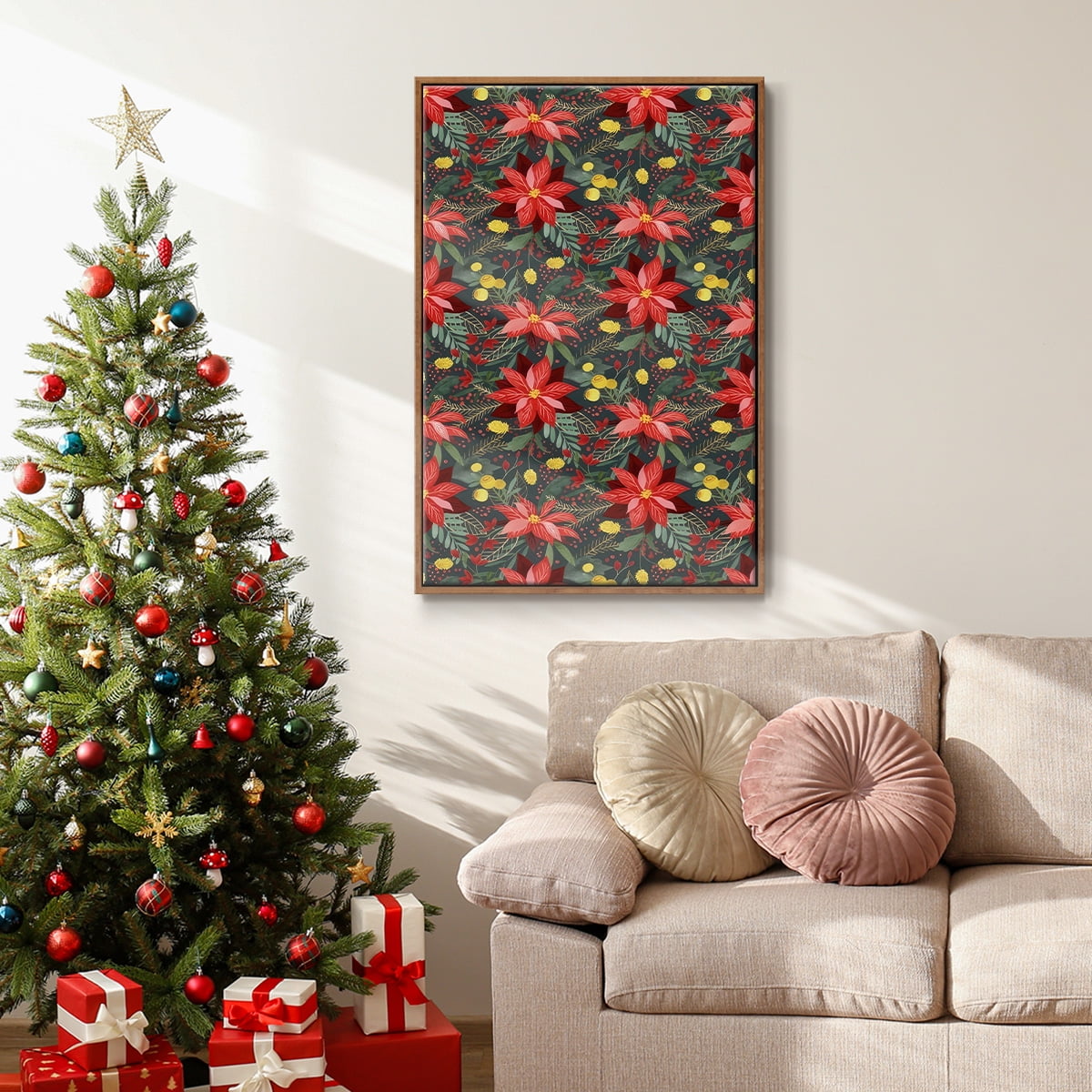 Bright Christmas Night Collection E - Framed Gallery Wrapped Holiday Canvas - 25 x 37 - Rosewood Frame