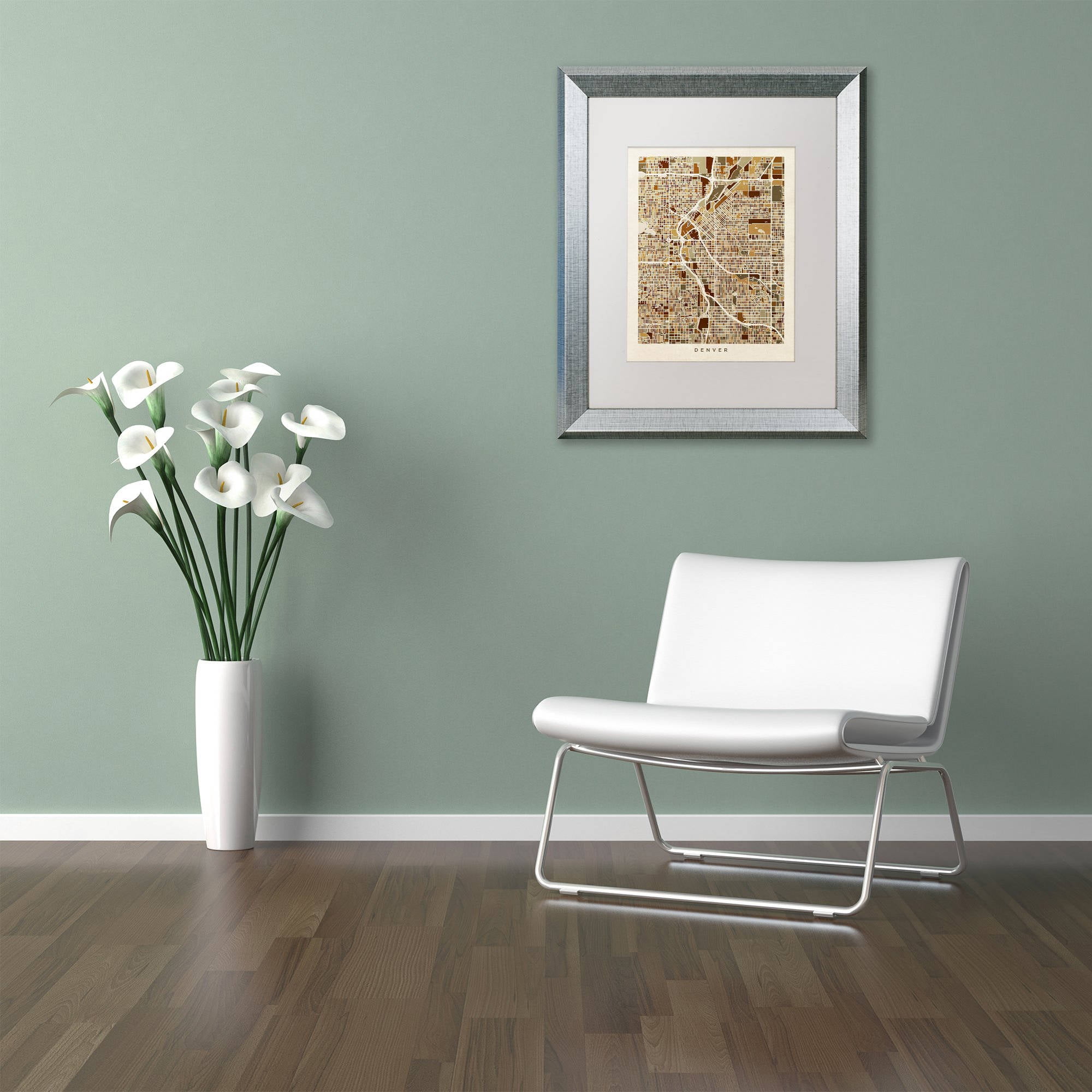 Trademark Fine Art "Denver CO Street Map Brown" Canvas Art by Michael Tompsett, White Matte, Silver Frame