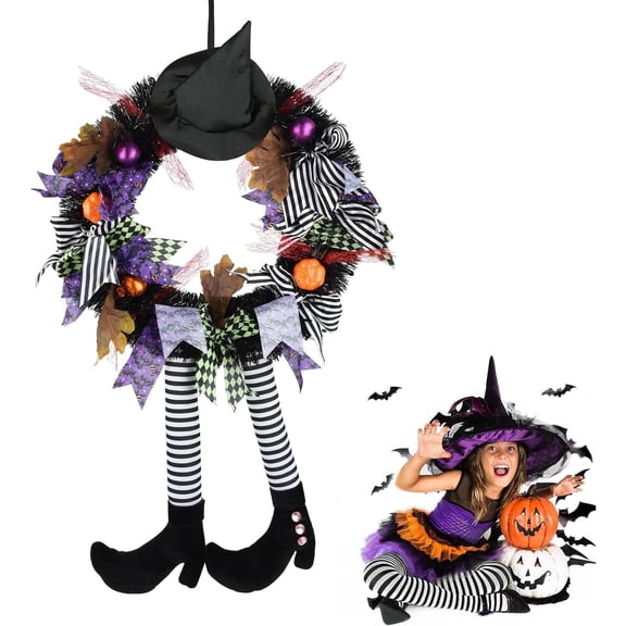 TETOU Halloween Wreaths for Front Door, 27" Witch Wreath Halloween Costumes, Autumn Door Wreath Witch's Hat and Legs Pumpkin Halloween Indoor & Outdoor Wall Decor