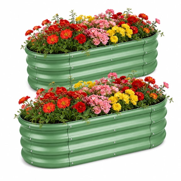 Galvanized Raised Garden Bed Outdoor, 4x2x1ft(2Pack) Metal Heavy Duty Planter Boxes for Gardening, Easy Assemble Bottomless Small Oval Plant Container Kit for Vegetable, Flower, Fruit, Green/Brown