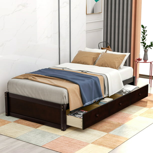 Storage Bed With 3 Drawers Twin Wood, High Twin Bed Frame With Storage