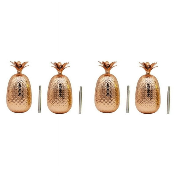 4 Pack Pineapples Drink Cups, 450Ml Copper Pineapples Tumbler with Stretched Straw, Hawaiian Luau Cups