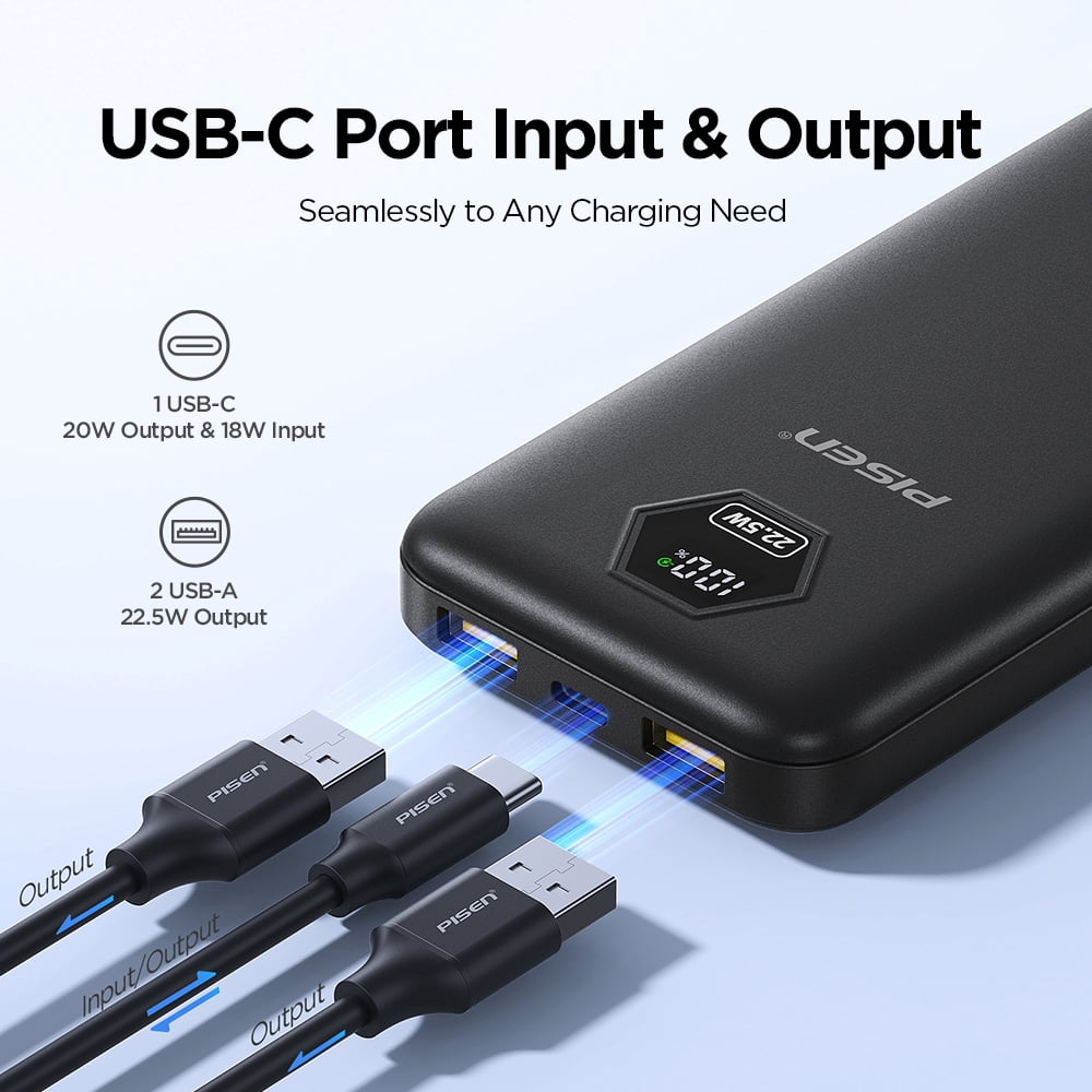 PISEN 10000mAh 3C Power Bank, 22.5W CCC Certified Power Bank, Travel Battery Pack 3C Portable Charger, Supports PD 3.0, QC 3.0, LED Display Travel Portable Charger for iPhone, Samsung and More