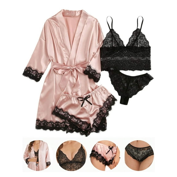 Luxtrada Women's Satin Pajama Set 4pcs Floral Lace Trim Cami Lingerie Sleepwear with Robe (Pink,S)