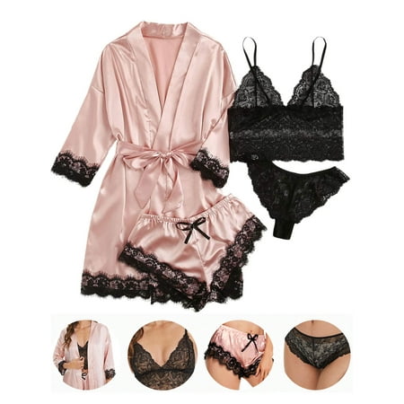 Luxtrada Women s Satin Pajama Set 4pcs Floral Lace Trim Cami Lingerie Sleepwear with Robe (Pink S)