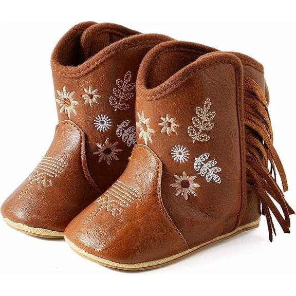 Baby Girls Cowboy Boots Western Style Flower Booties Toddler Soft Sole Non- First Walker Crib Shoes