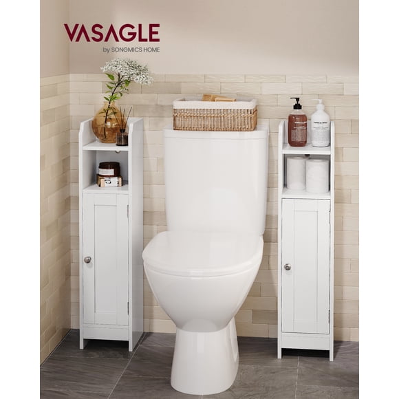 VASAGLE Armario de Baño, Armario Esquinero con Puerta y Estantes, Organizador de Almacenamiento, Armario Estrecho para Papel Higiénico, Estantes Ajustables, Blanco