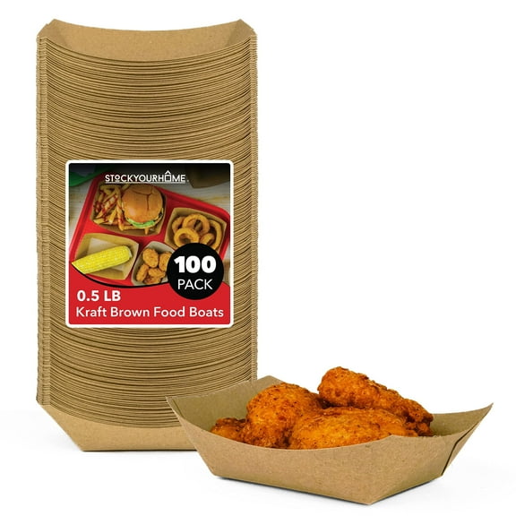 [100 Pack] Small Disposable Brown Kraft Paper Food Trays, 0.5-Lb Concession Tray, Serving Boats for Party Snacks, Taco Bar, Seafood, Nachos Plates, Half-Pound