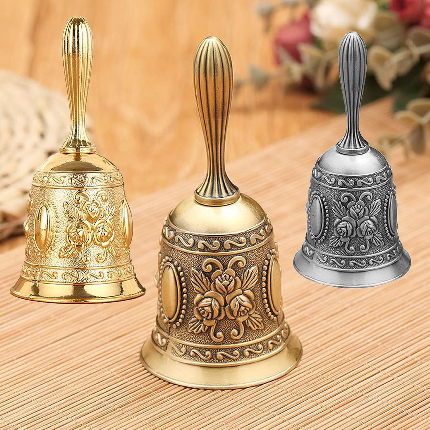 Antique Brass Peacock Engraved Hand Bell – Loud Call Bell For Dinner, Classroom, Service, Door (110mm, 1 Pack)