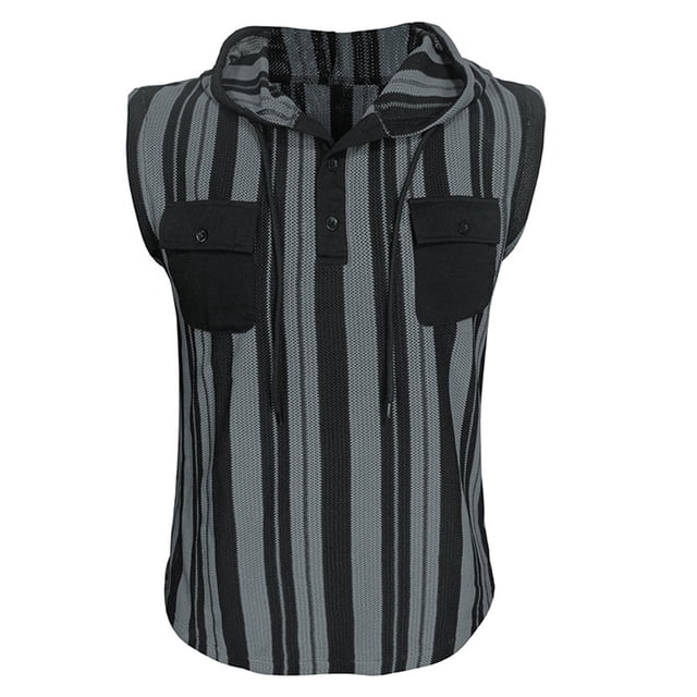 Mens Manga Corta Botón Abajo Camisas con Bolsillo, Moda a Rayas sin Mangas, Chaqueta con Capucha Blusa