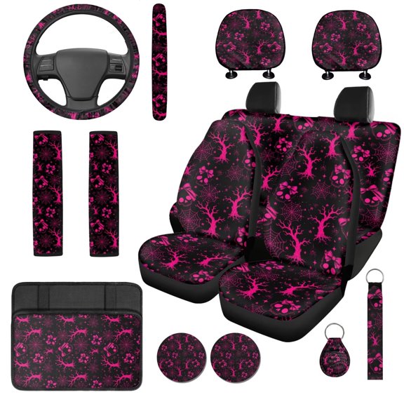 XYZCANDO Skull Bow Spider Web 14 Pack Car Seat Covers Full Set Steering Wheel Cover Center Console Pad Seat Belt Pads Headrest Covers Cup Coasters for Most Cars SUVs Sedans