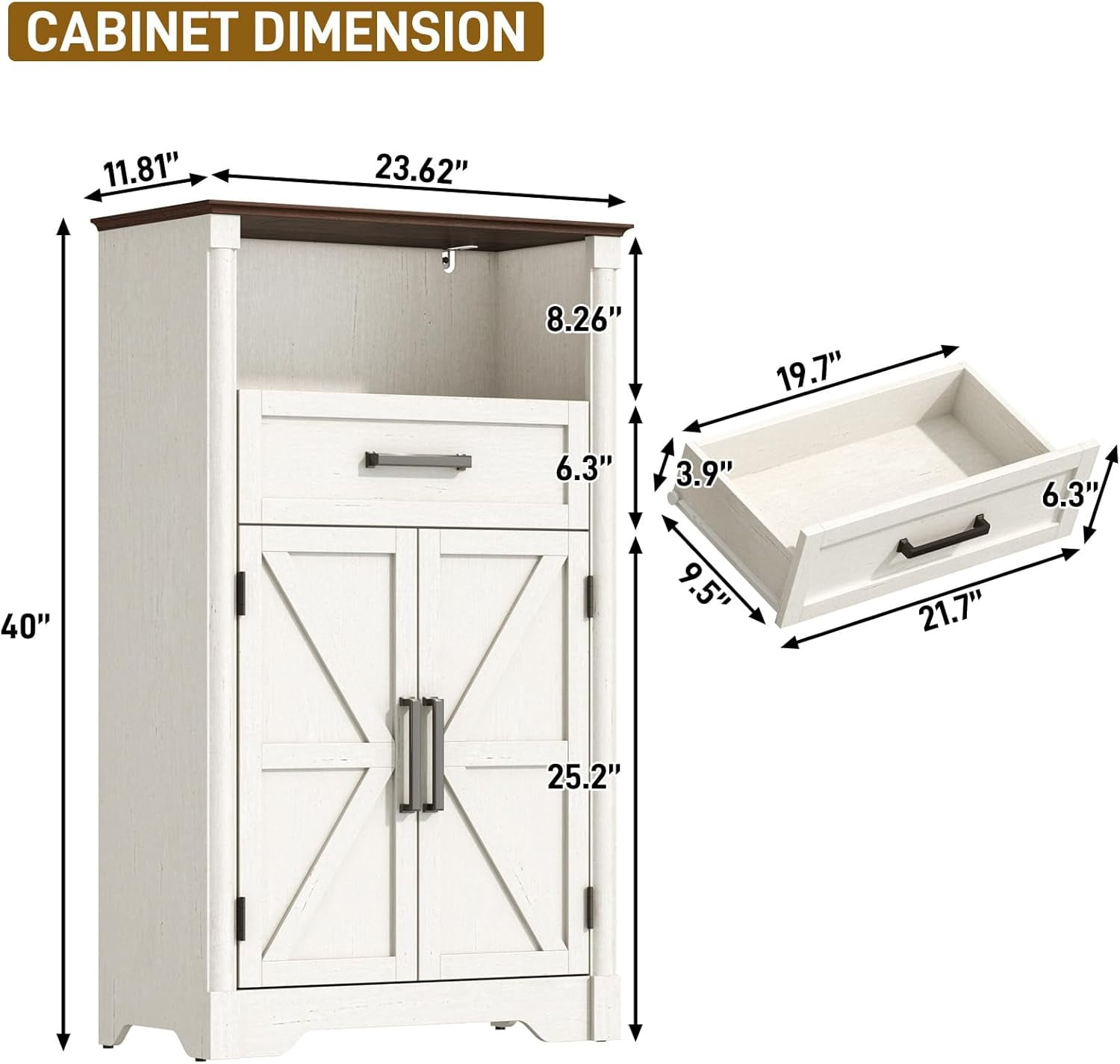 Farmhouse Floor Storage Cabinet with Drawers & 2 Barn Doors, Wood Bathroom Storage Cabinet with Roman Column Decor, Farmhouse Storage Cabinets with Adjustable Shelf & Door Cabinets, Rustic White