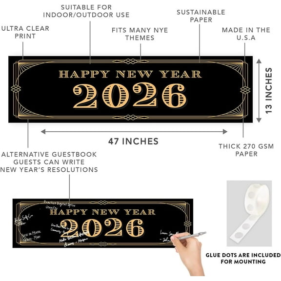 Koyal Wholesale 47x13 Happy New Year Banner Black Gold Gatsby Art Deco NYE Decor