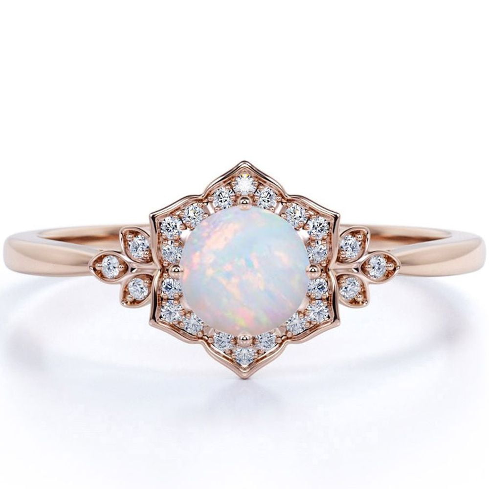 Vintage 1.25 ct Round Ethiopian Opal and Moissanite Engagement Ring in ...
