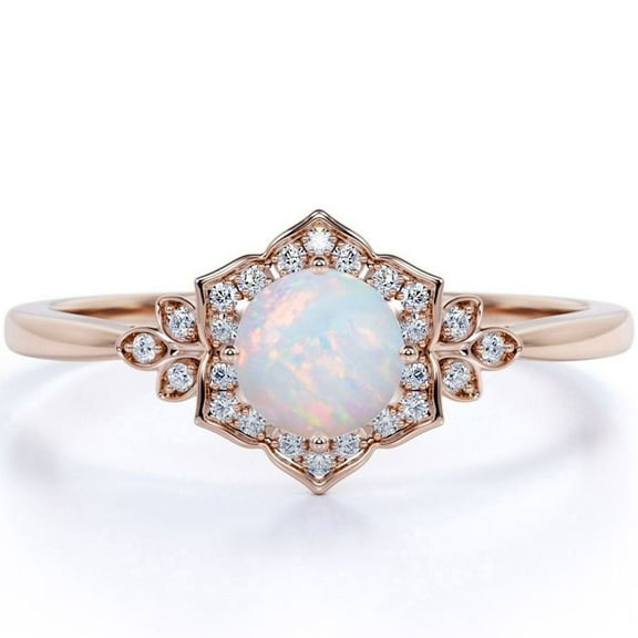 JeenMata Vintage 1.75 ct Round Ethiopian Opal and Moissanite Engagement Ring in 18K Rose Gold over Silver