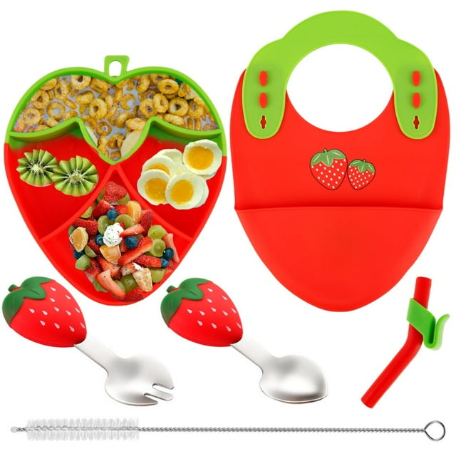 Ensemble de 6 Pcs en Silicone pour Nourrisson en Forme de Fraise Fournitures de Sevrage Dirigé par Bébé avec Bol à Succion Plat Divisé Pré-Cuillère et Fourchette Bavoir Réglable Paille et Ustensiles pour Bébé