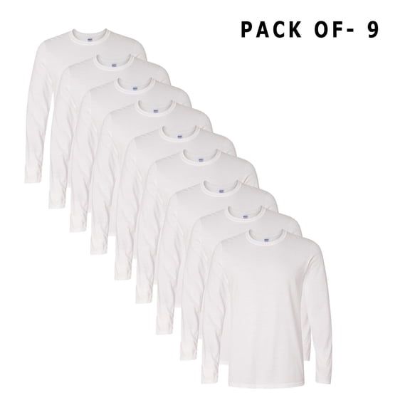 Gildan Softstyle Long Sleeve T-Shirt for Men, Crew Neck Casual Men's White Long Tee, 9 Pack Size-XL