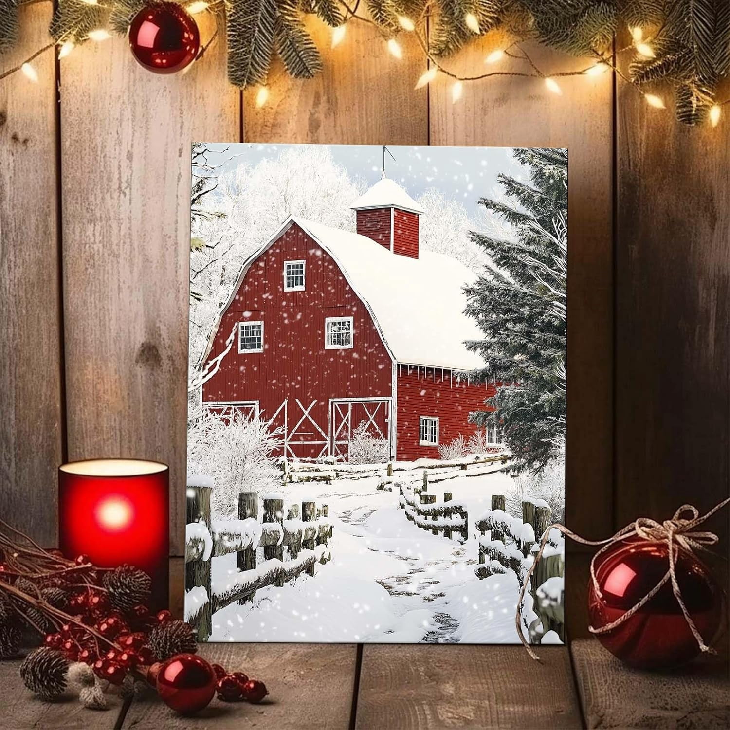 ChristmasCanvas Wall Art Decor with Farm, Red Walls, Snowy Road and Snow-Covered Pines, Holiday Canvas Print for Living Room and Bedroom, Farmhouse-Themed Christmas Wall Art?24X30 inch
