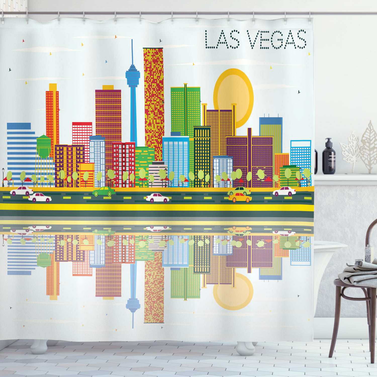 Las Vegas Shower Curtain, Silhouette of the City with a Welcome Sign Nevada  State America in Cartoon Design, Fabric Bathroom Set with Hooks, 69W X 70L  Inches, Multicolor, by Ambesonne 