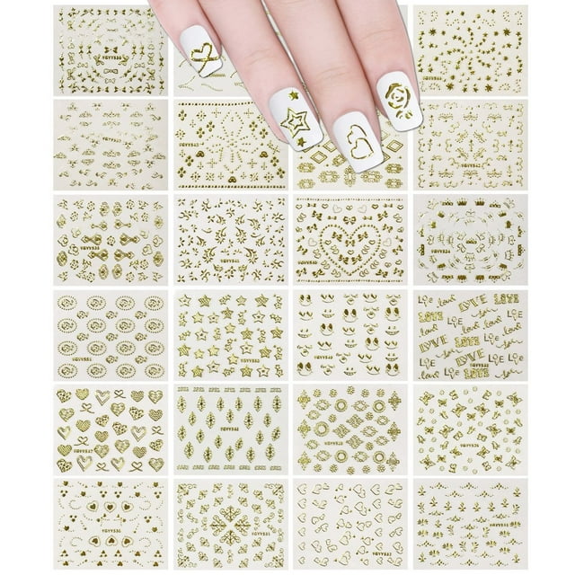 Juego de pegatinas para uñas, 24 hojas, coronas doradas, estrellas doradas y vides doradas