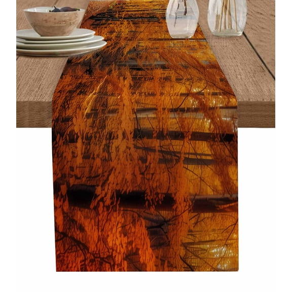 Orange Forest Burlap-Cotton Table Runner 72 Inches Long,Fall Tree Botanical Maple Leaf Farmhouse Table Runners,Outdoor Dining Tablecloths Decor for Baby Shower Party Wedding 18x72