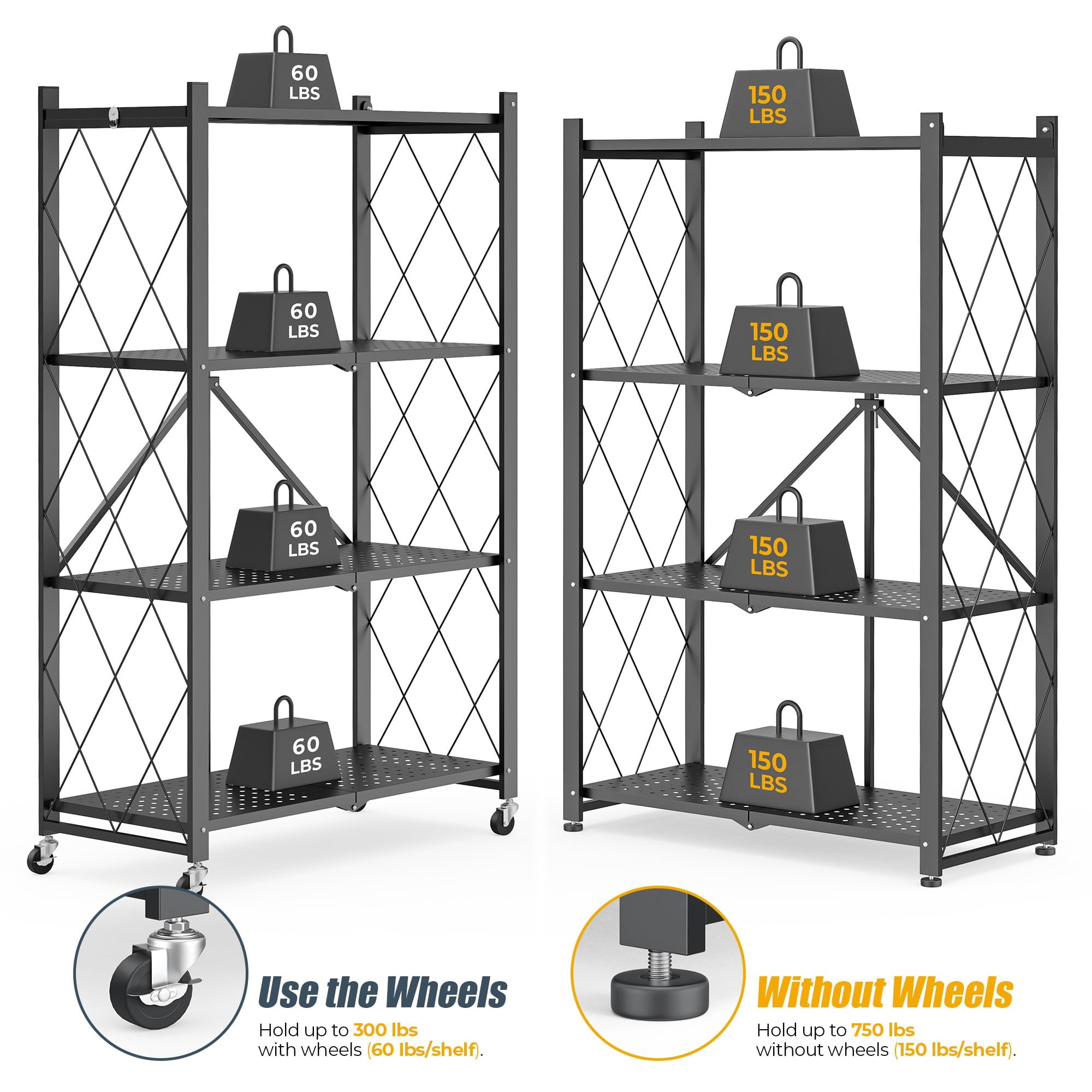 Furnibear 4-Tier Folding Storage Shelves with Wheels, Foldable Metal Rack, Collapsible Shelves for Garage, Kitchen, Basement, Black