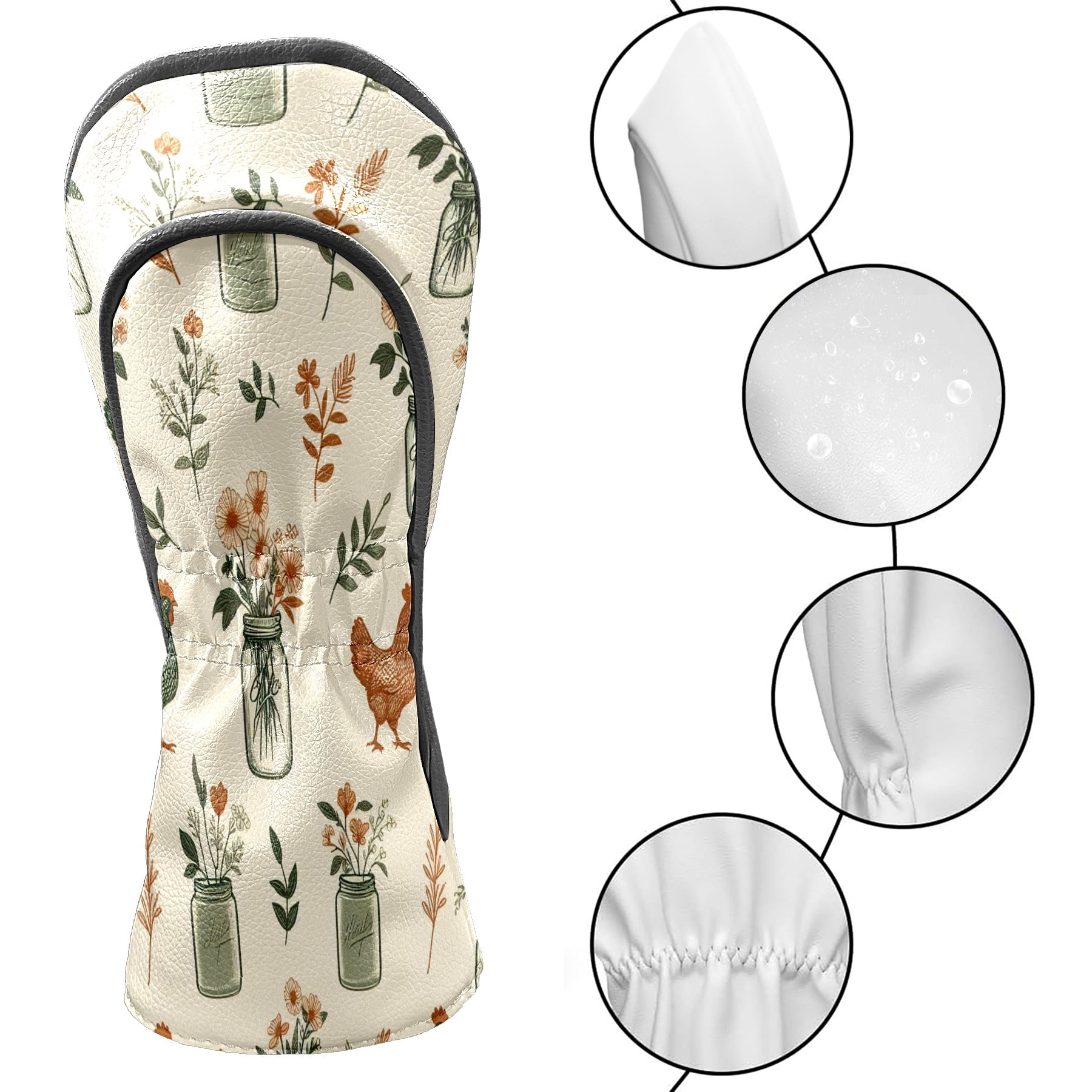 Golf Club Covers, Beige Vase Chicken Floral Premium PU Leather Driver Hybrid Putter Head Covers with Velvet Lining, Waterproof Golf Gifts for Men Women
