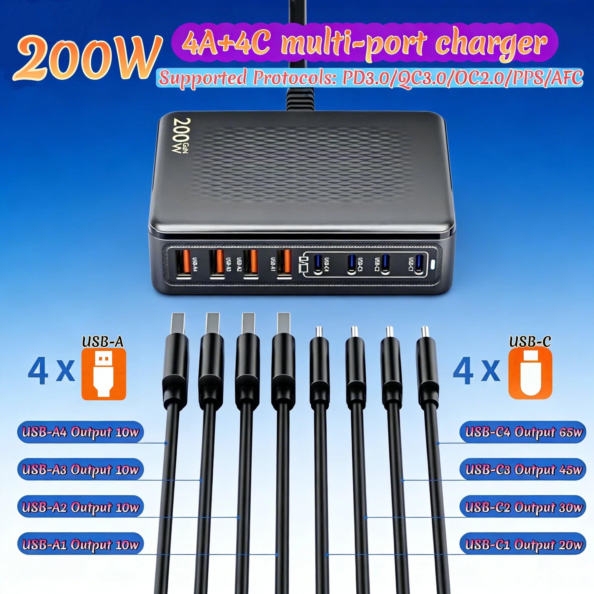 Fast Charger USB C Charger Block, 200W GaN 8 Port USBC Charging Station USB Hub Block Cube, PD 65W Laptop Charging Station for Multiple Devices iPhone 17/16/15,MacBook Pro/Air,iPad,Black