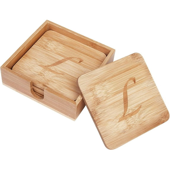 Personalized Monogrammed Coaster Set | Includes 6 Drink Coasters with Holder | Bamboo Coasters for Coffee Tables - Wedding Gifts - Holiday Presents and More | Monogram “L”