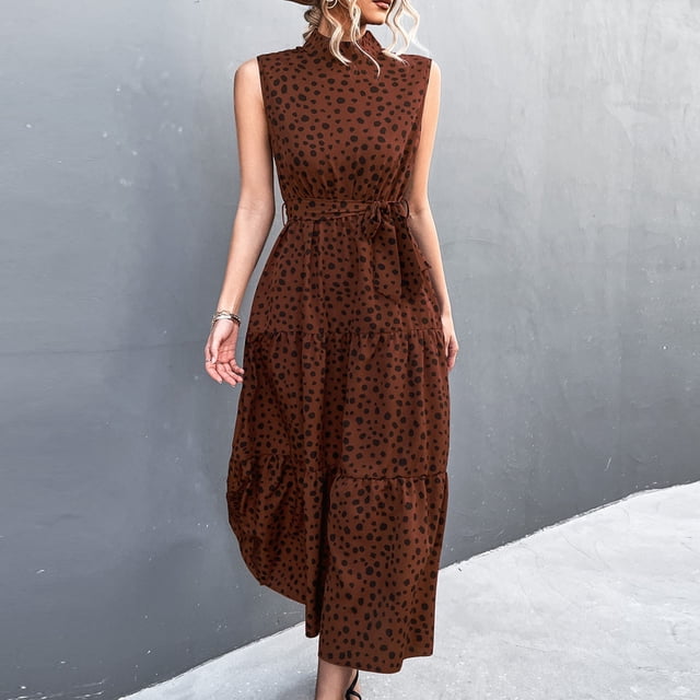 Vestido de cuello alto, vestido con estampado de lunares, vestido midi con cinturón, vestido con estampado de lunares, funcionalidad versátil