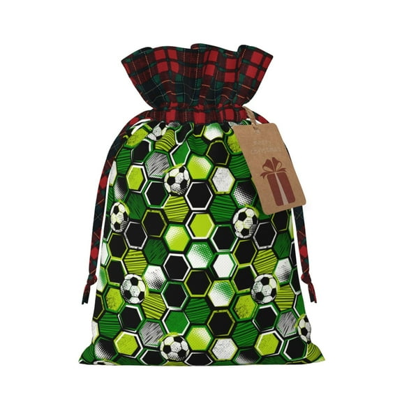 Kdxio Soccer1 Christmas Drawstring Bags Xmas Buffalo Plaid Candy Bags Linen Treat Bags Christmas Gift Bags for Presents-Black