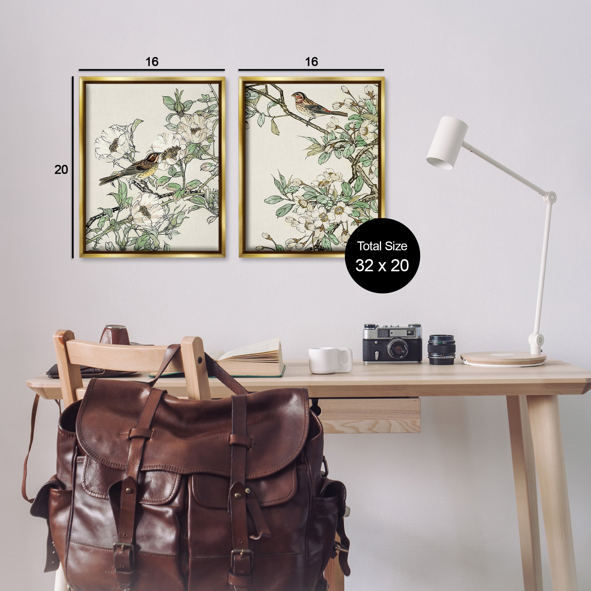 Stupell Industries Classic Sparrow on Blossoms Animals & Insects Painting Gold Floater Framed Canvas Art Print Wall Art, 17 x 21, Set of 2