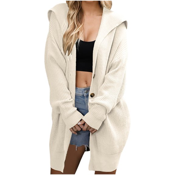 UYISJ Womens Chunky Cable Knit Long Cardigan Warm Open Front Sweaters Hooded Knitted Sweater Button Down Outerwear Coats Beige M