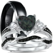 His and Hers 3 Piece TRIO Sterling Silver Black Wedding Band Engagement Ring Set 11/11