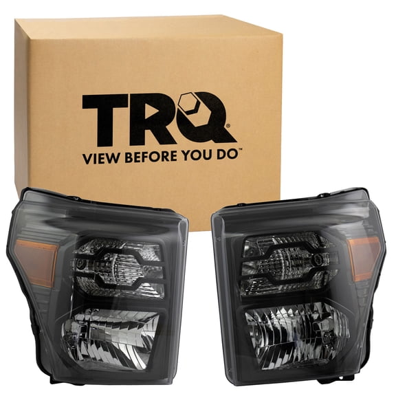 TRQ 2 Piece Headlight Assembly Set Halogen Black Bezel Driver & Passenger Side Fits 2011-2016 Ford F-250 Super Duty F-350 Super Duty FO2502290 FO2503290