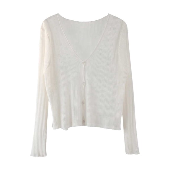 BaoFuBaoMei Womens Cotton Knit Cardigan Sweater Lightweight Sheer Long Sleeve Cardigans Button up V Neck Sweater Cropped Solid Tops