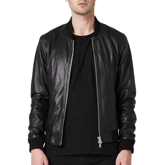 Men Bomber Black Leather Jacket Genuine Leather Jacket Front zipper closing A312