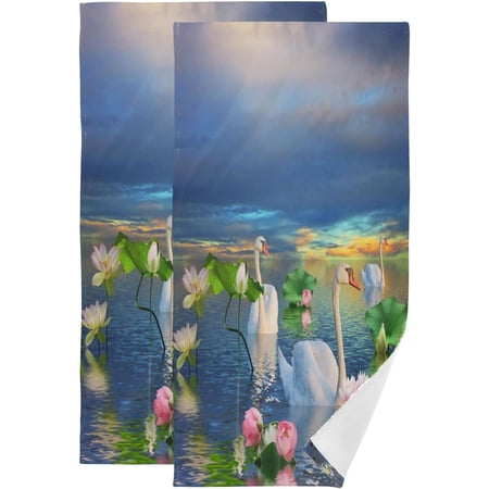 Coolnut Summer Swans Lake Lotus Hand Towels for Bathroom, Kitchen Towel 2 PCS Ultra Soft and Highly Absorbent Decorative Fingertip Face Bath Towels for Spa & Hotel, 28.3"x 14.4"