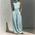 thumbnail image 3 of MLCDZ Women's Cotton Linen Two Piece Pants Set Sleeveless Mock Neck Top and Wide Leg Breathable Pants with Tie Waist Pockets Casual Matching Outfit, 3 of 9