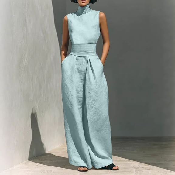 TaTaai Womens Summer Set Stand Collar Sleeveless Top with Loose Wide Leg Pants Solid Soft Breathable Casual Linen Two Piece Outfit Gift