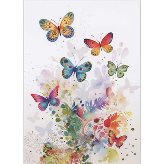 Bug Art Gold Foil Accented Colorful Butterflies Over Watercolor Florals Blank Note Card