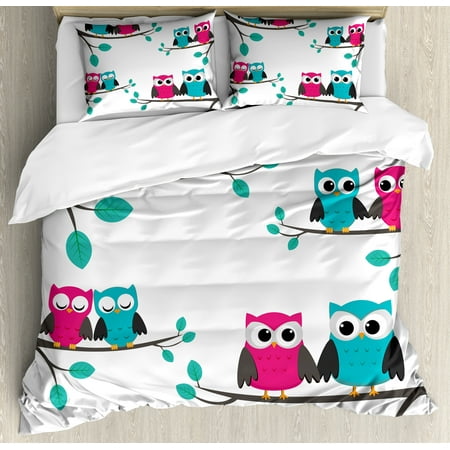 Turquoise Color Bedding Nursery Duvet Cover Set, Couples of Owls Sitting on Spring Branches Cute Funny Cartoon Characters, Decorative Bedding Set with Pillow Shams, Turquoise Blue Pink, by Ambesonne ()