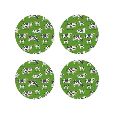 

Tebeau Cows With Calfs Green Print Set of 4 Leather Drink Coasters Round Cup Mat Pad for Home and Kitchen Use 4 -Round Shape