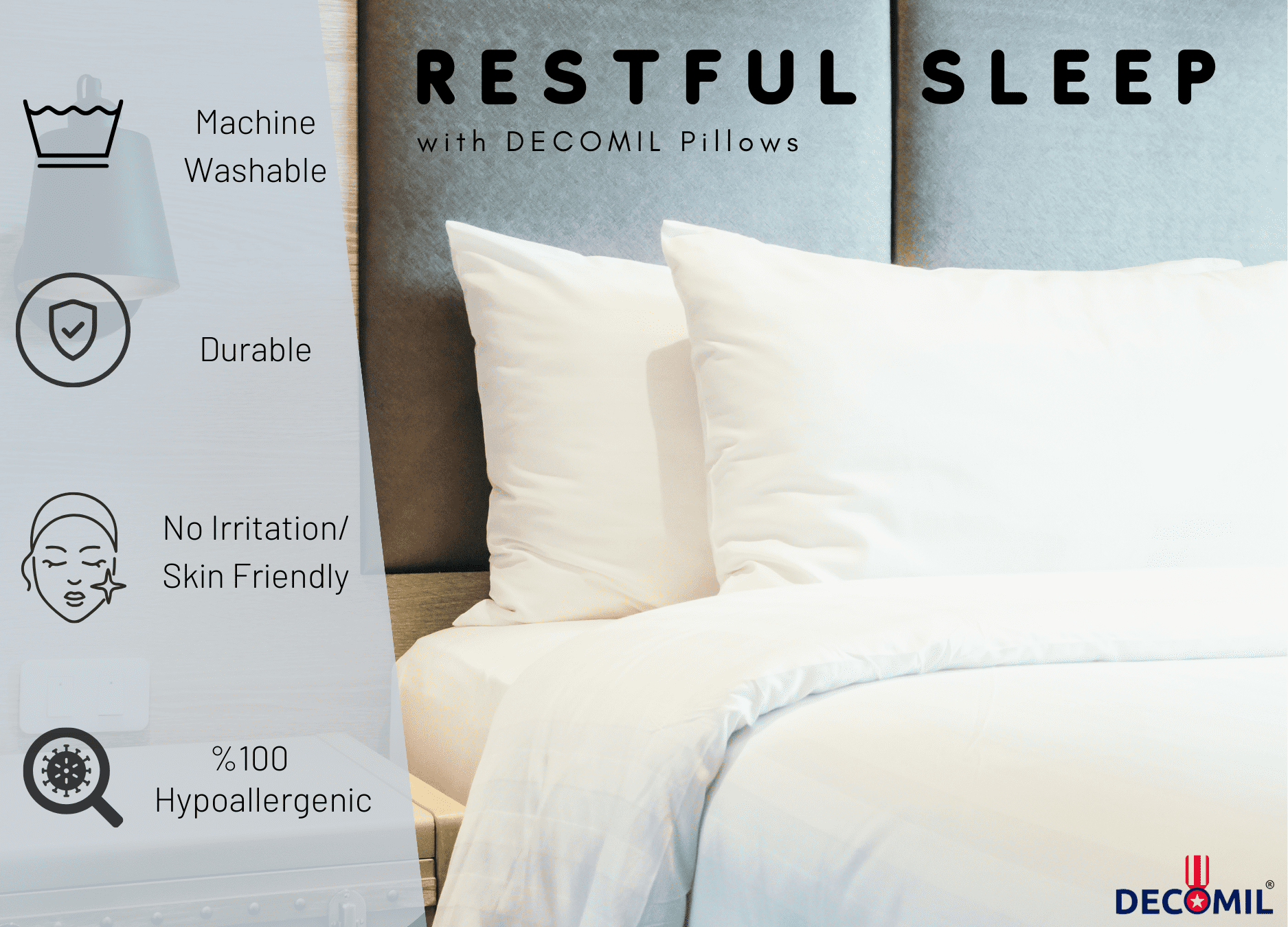 DECOMIL Luxury Sleeping Pillows, 100% Cotton, Standard/Queen, 2 Pack
