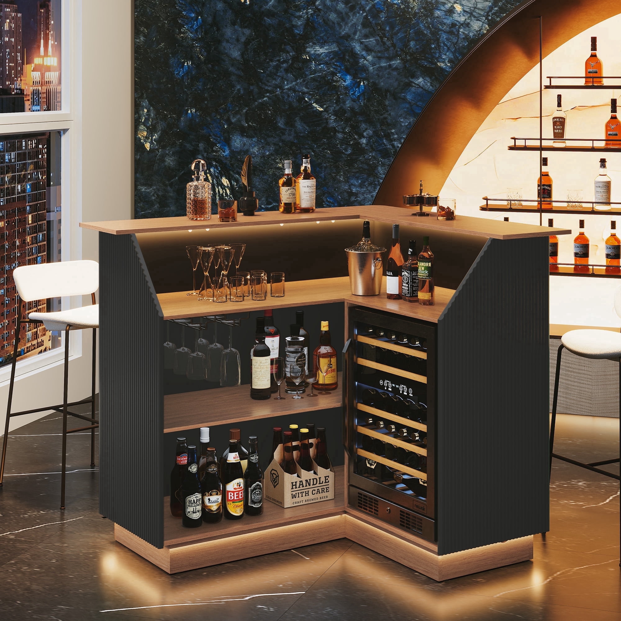 HLR L-Shaped Home Bar Cabinet with Fridge Space, 4-Tier Corner Bar Unit Wine Cabinet with Storage, Black