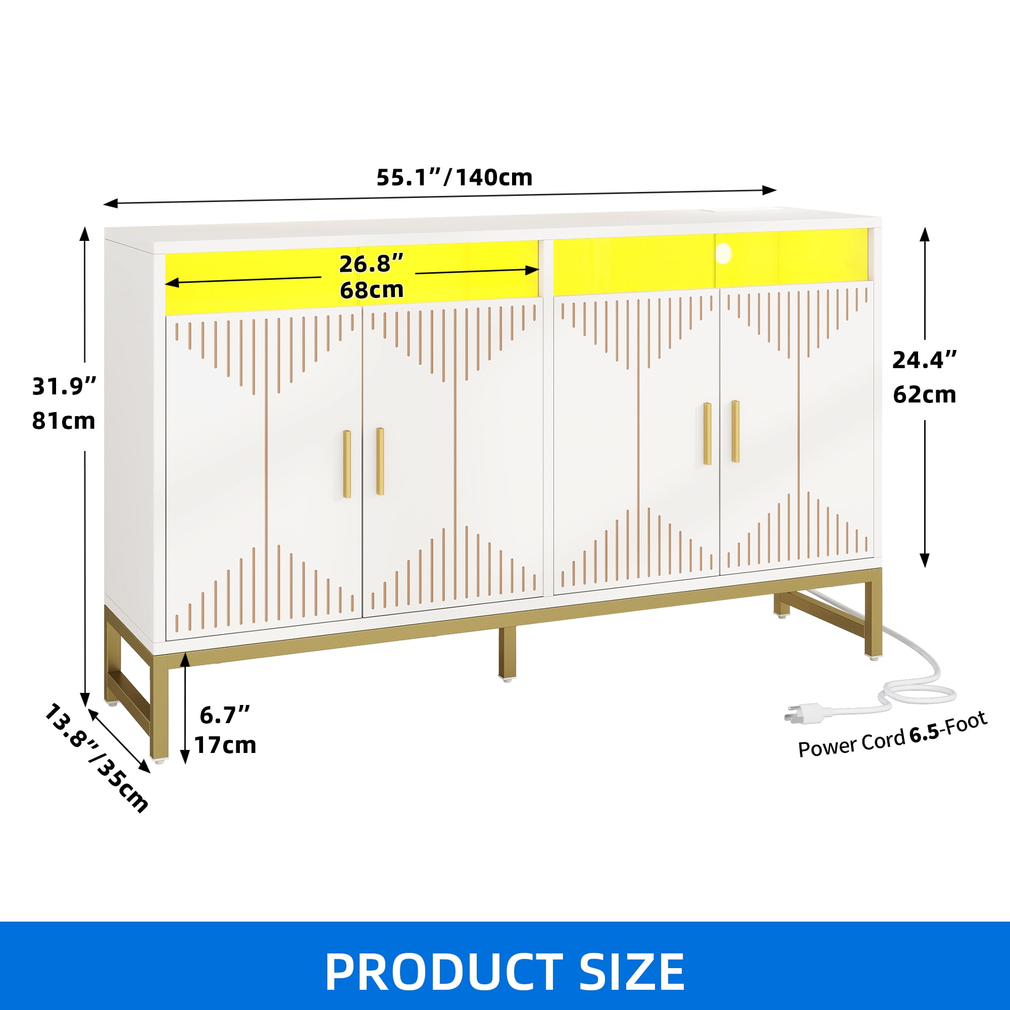 Uforic 55" Buffet Sideboard Cabinets with LED Light, Modern Coffee Bar Cabinet with Power Outlet, Kitchen Storage Cabinet with 4 Door & Open Storage, Accent Cabinet Cupboard Console Table